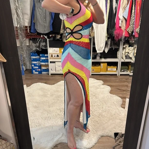 Staud Alpes One Shoulder Cutout Rainbow Crochet Knit Dress - Picture 8 of 10